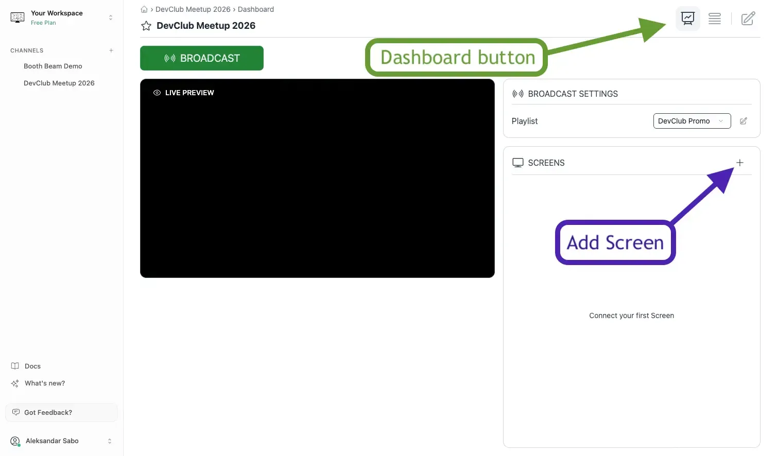 Add screen on channel dashboard